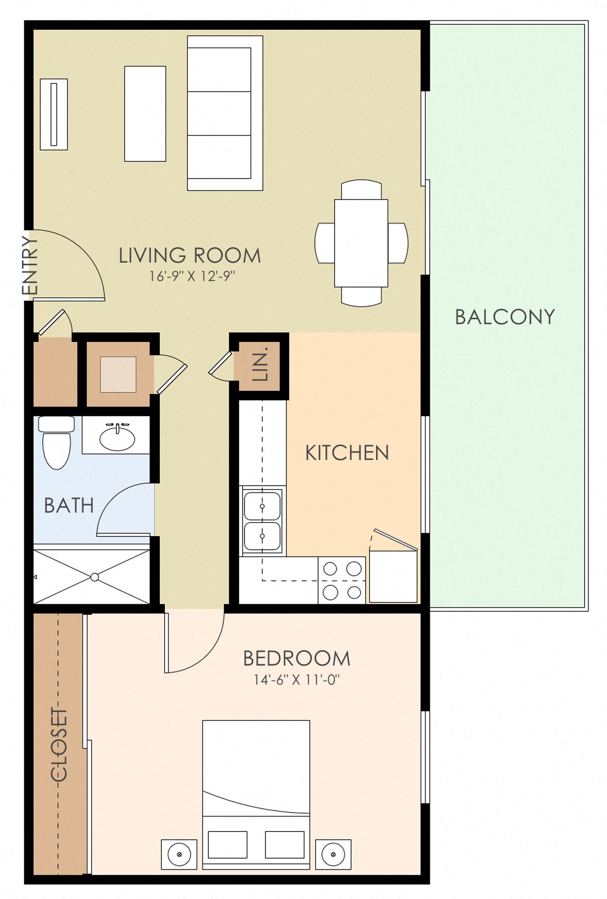 Floor plan for 1 bed, 1 bath, 579 sqft